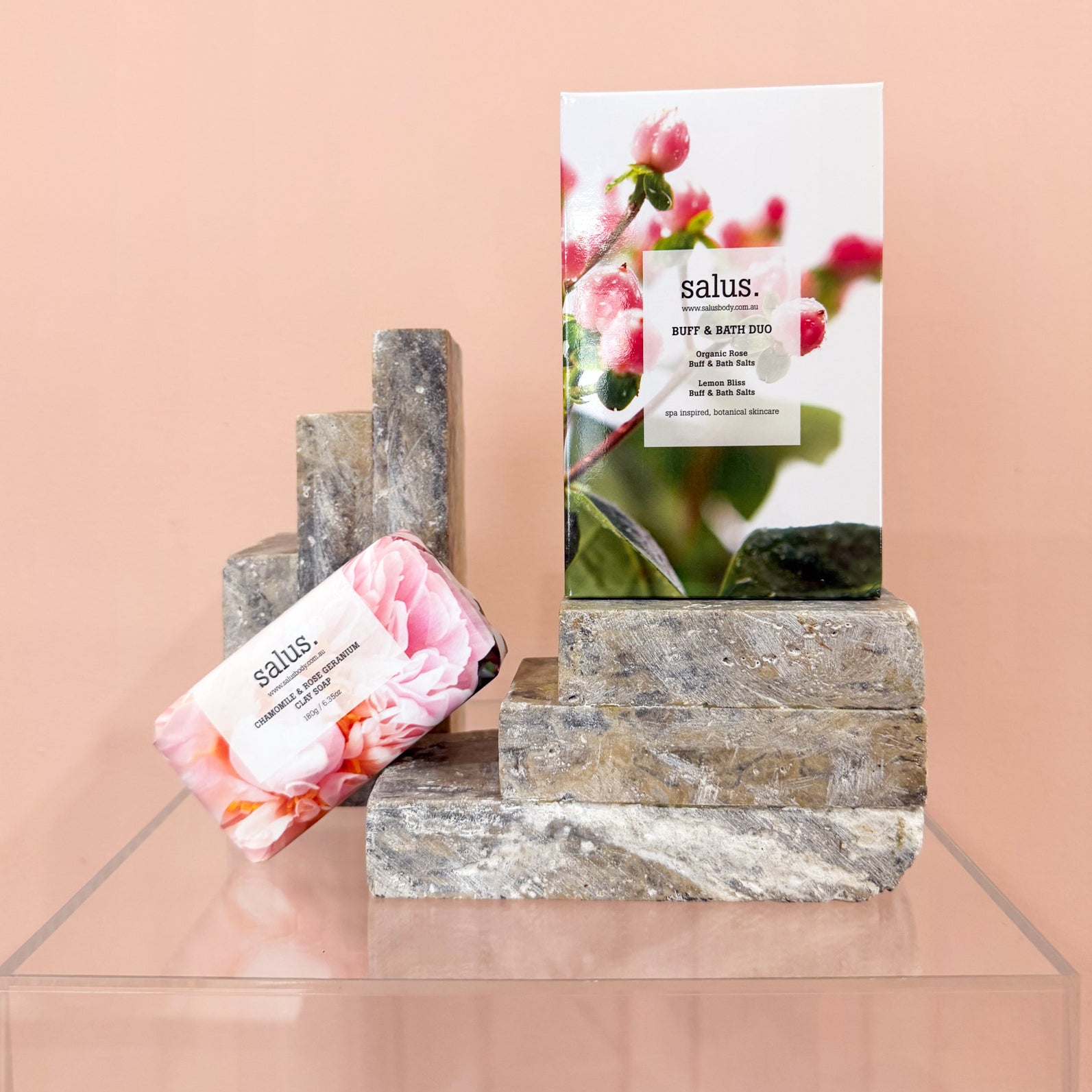 Bath Time Bliss gift set – Salus Buff & Bath Duo and chamomile rose geranium clay soap