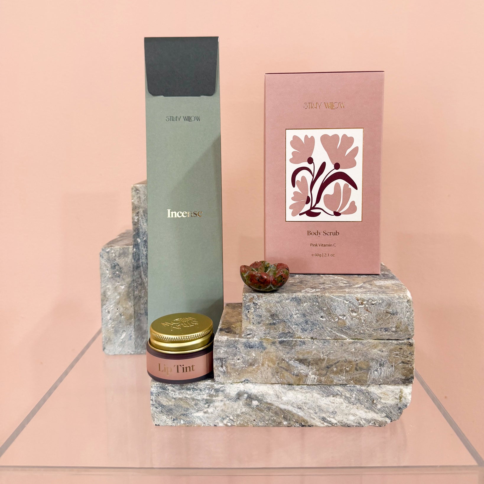 Little Rituals gift set – Stray Willow Wild Fields incense, Pink Vitamin C body scrub and Rosy lip tint