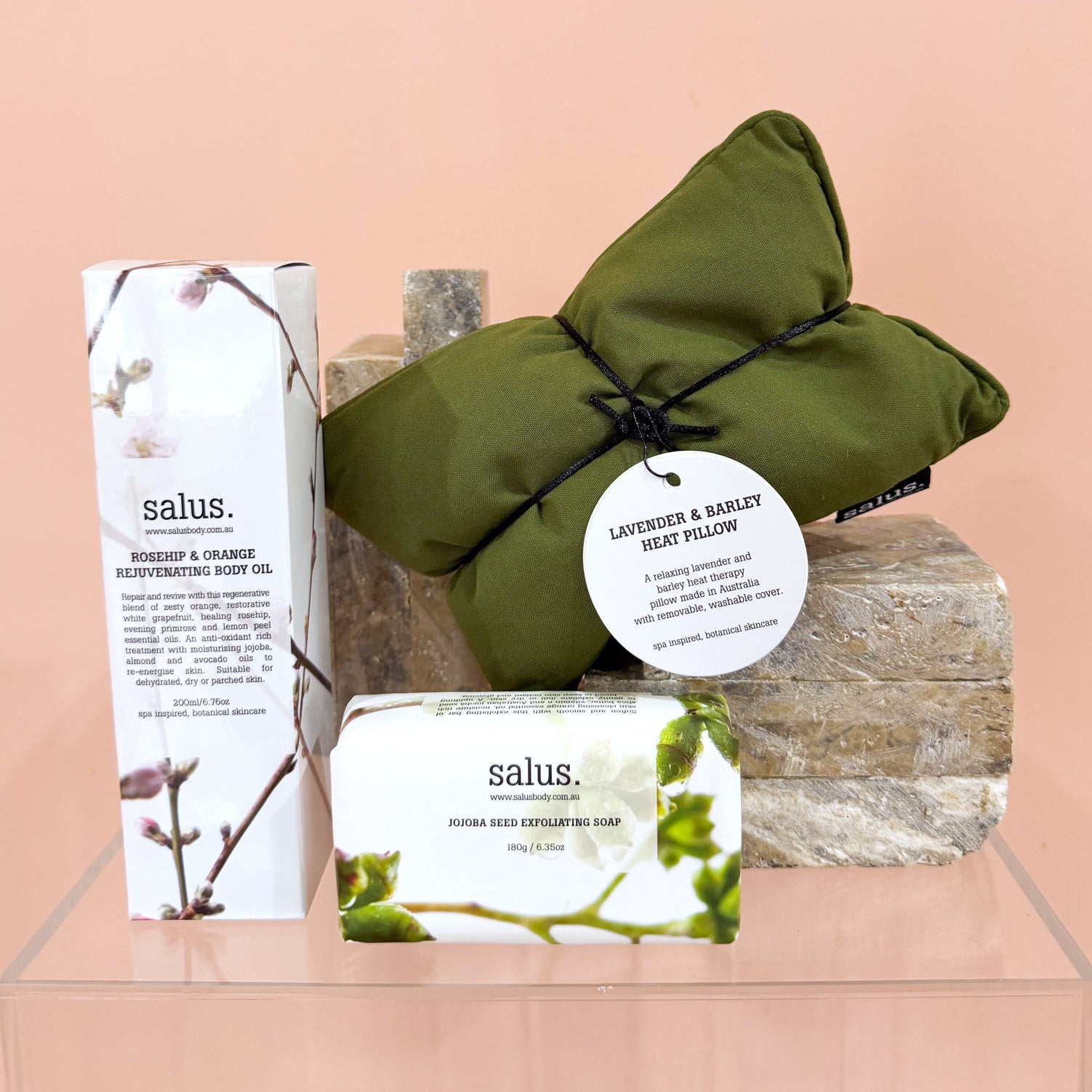 The Warm Hug gift set – Salus lavender heat pillow, rosehip body oil and jojoba soap